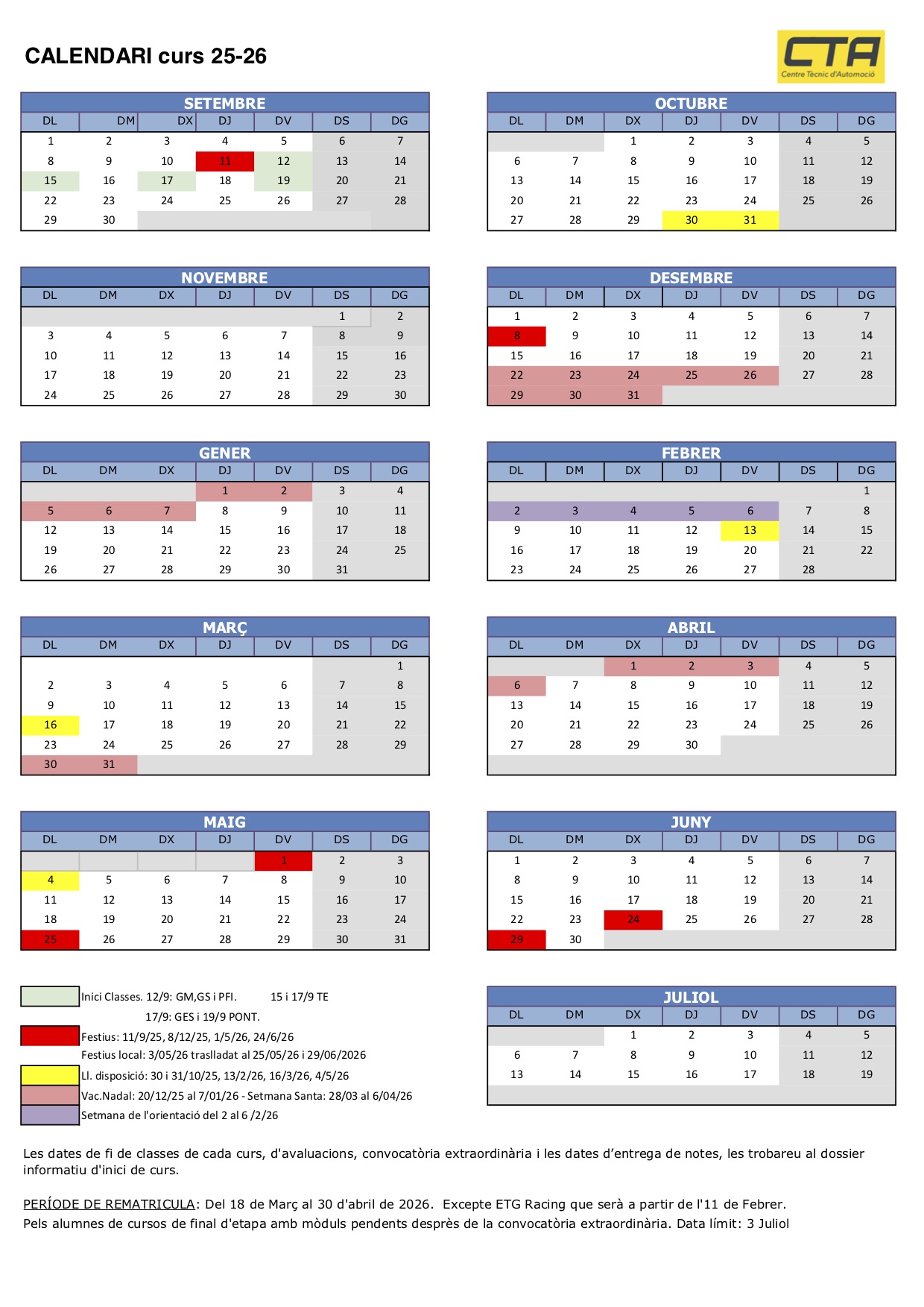CTA: Calendario curs 2025 - 2026