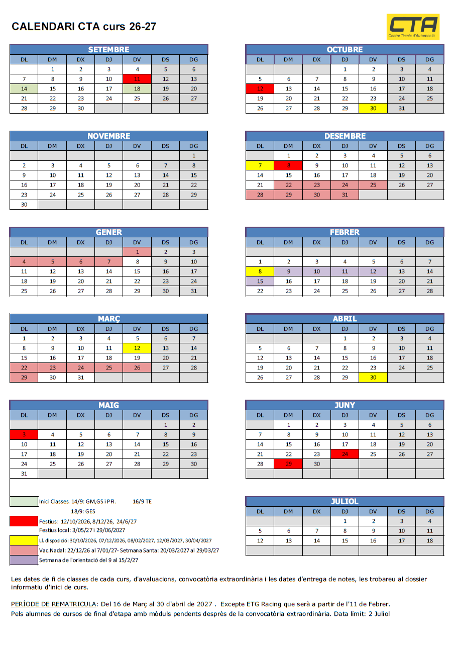 CTA: Calendari curs 2026 - 27