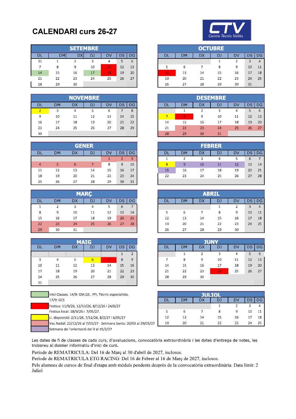 CTV: Calendario curso 2026 - 27